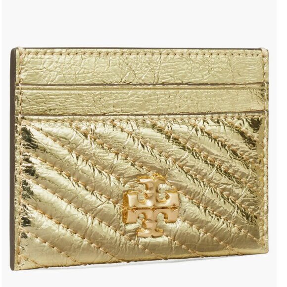 Tory Burch Leather Kira Moto Quilt Metallic Pave Logo Card Case Wallet Gold - Picture 2 of 10